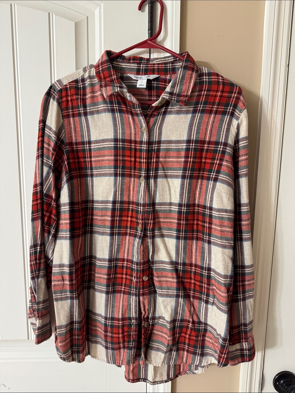 Old Navy Red Plaid Button-Down Shirt with Navy & Cream
